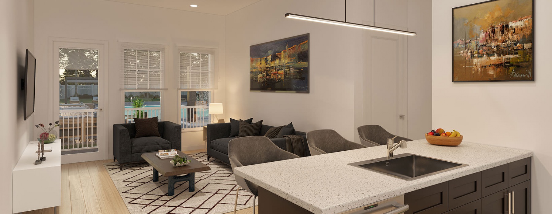 recessed lighting brightens spacious apartment interiors